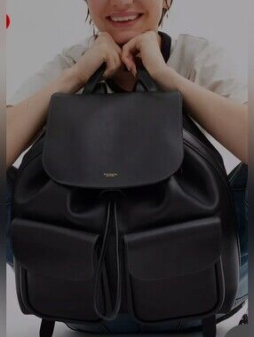 Coach Black Leather Backpack with Dual Front Flap Pockets